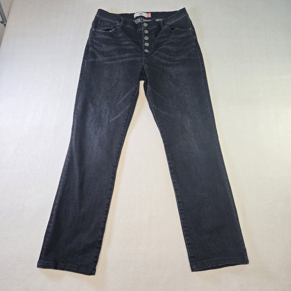 Cabi Womens Jeans 10 Button Fly Straight Distressed BLACK Wash Mid Rise